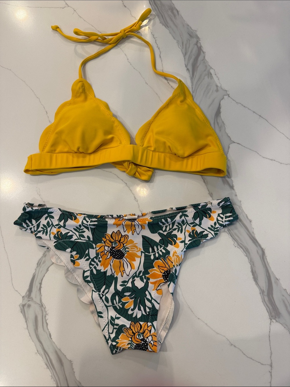 Yellow Triangle Bikini Top with Floral Sunflower Bottoms